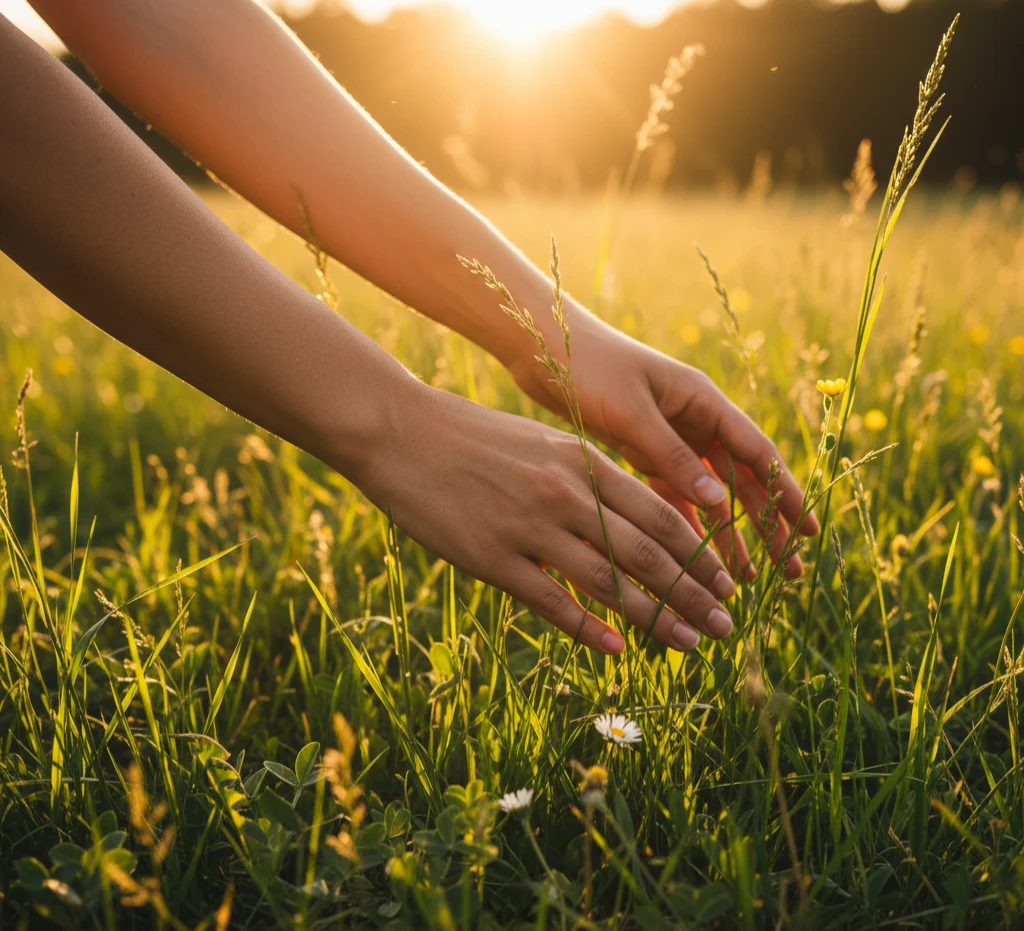 Hands touching grass